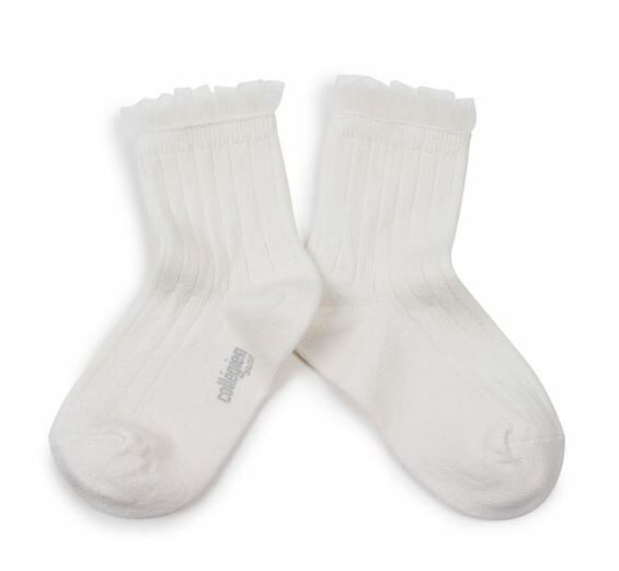 COLLEGIEN 薄紗褶邊羅紋襪 Margaux  -Blanc Neige雪白