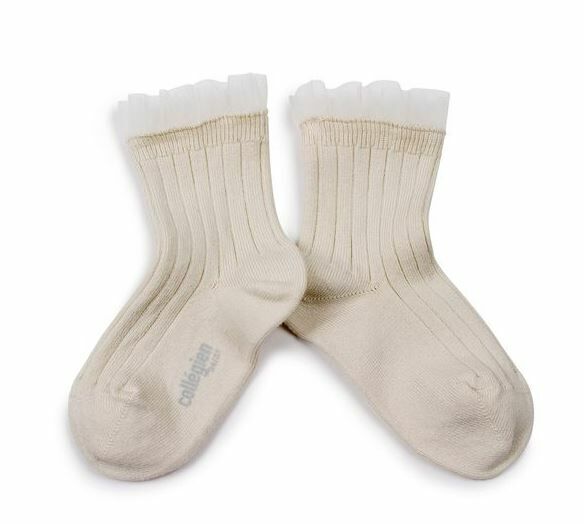 COLLEGIEN 薄紗褶邊羅紋襪 Margaux  -Doux Agneaux米白