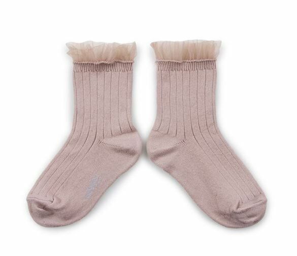 COLLEGIEN 薄紗褶邊羅紋襪 Margaux  -Vieux Rose復古粉