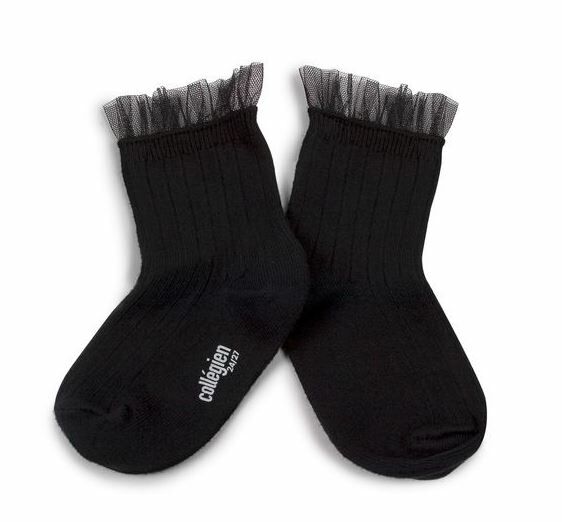 COLLEGIEN 薄紗褶邊羅紋襪 Margaux  -Noir de Charbon黑
