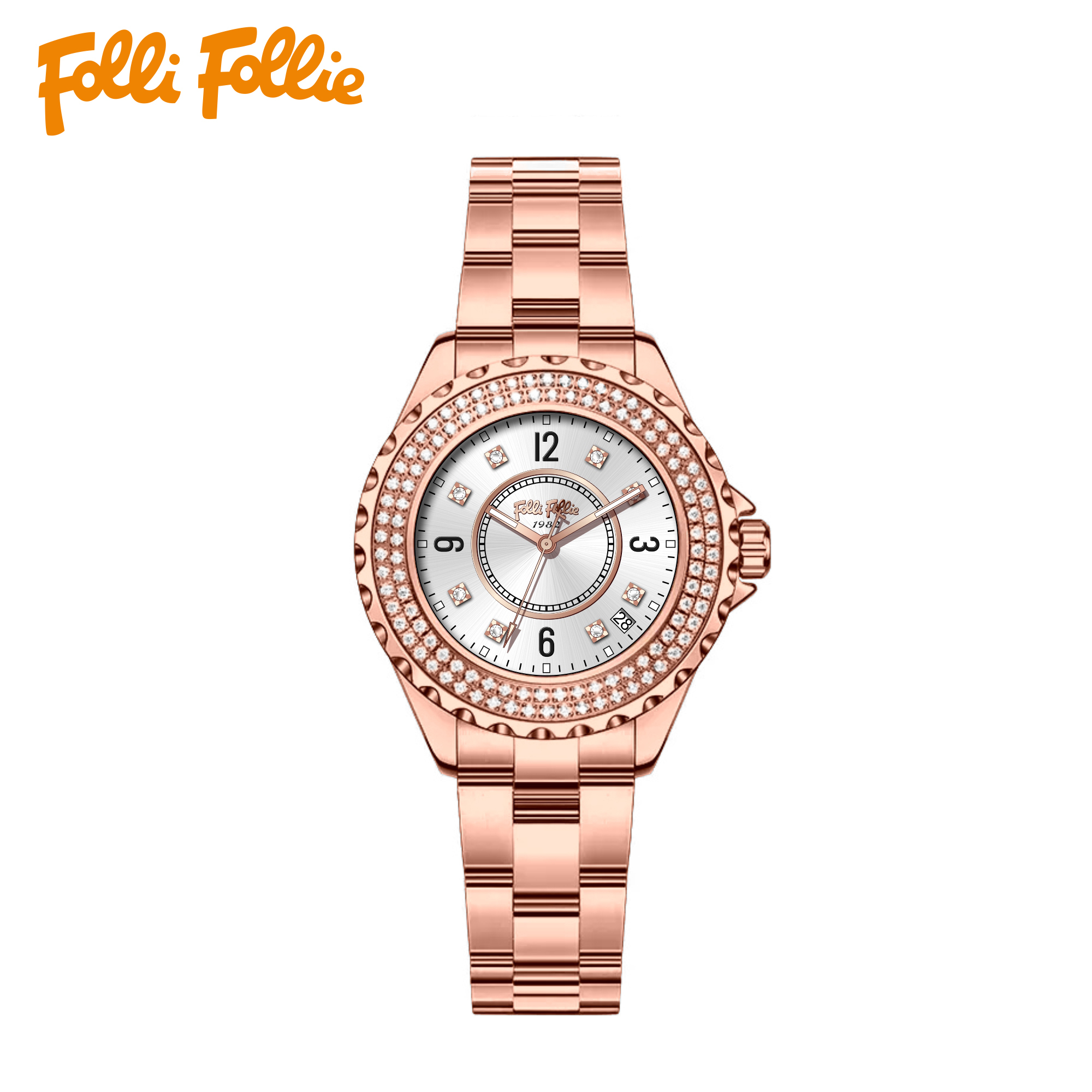 【Folli Follie芙麗芙麗】WF22B034  晶鑽時標錶圈/日期顯示 鏤空錶蓋/夜光指針 機械 手錶 (附贈官方品牌手鐲)