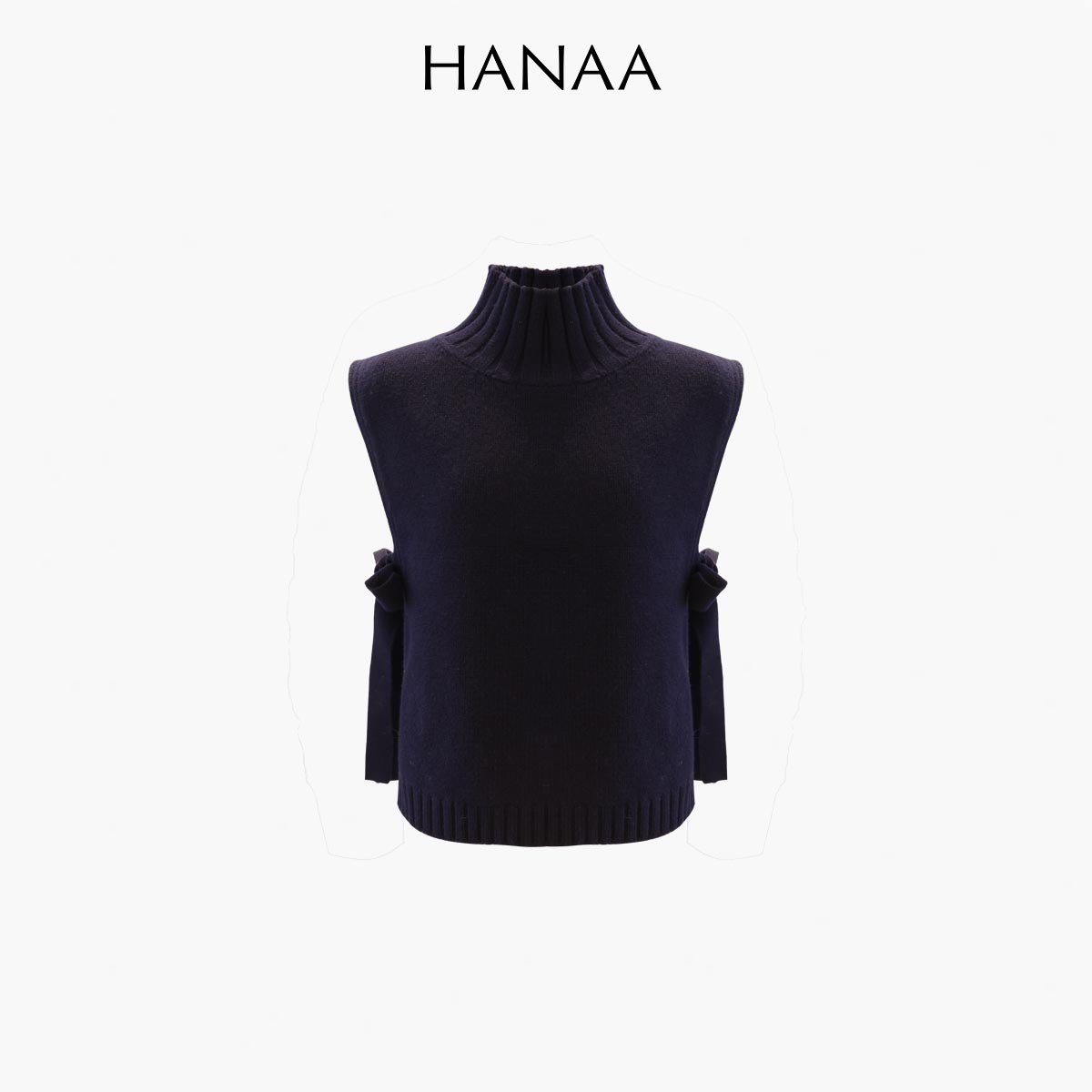 HANAA 新款全羊毛高領無袖繫帶針織背心馬甲