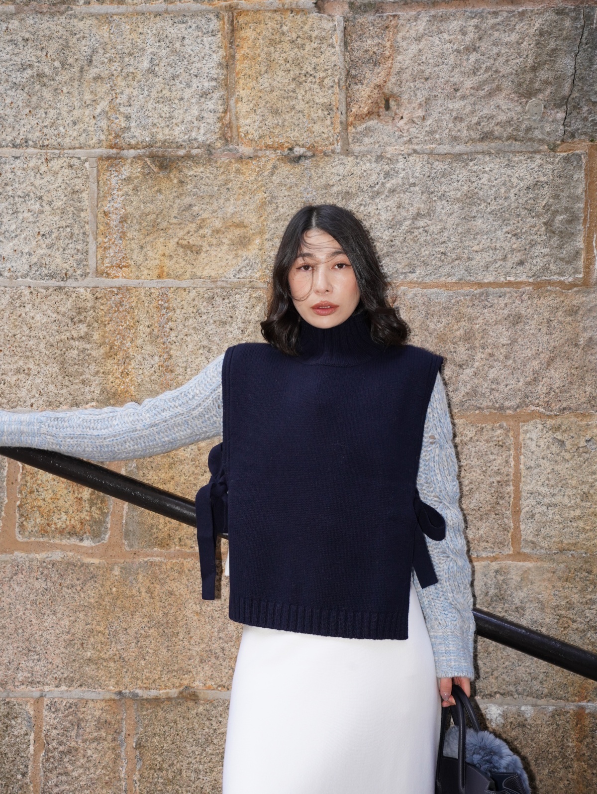 HANAA 新款全羊毛高領無袖繫帶針織背心馬甲