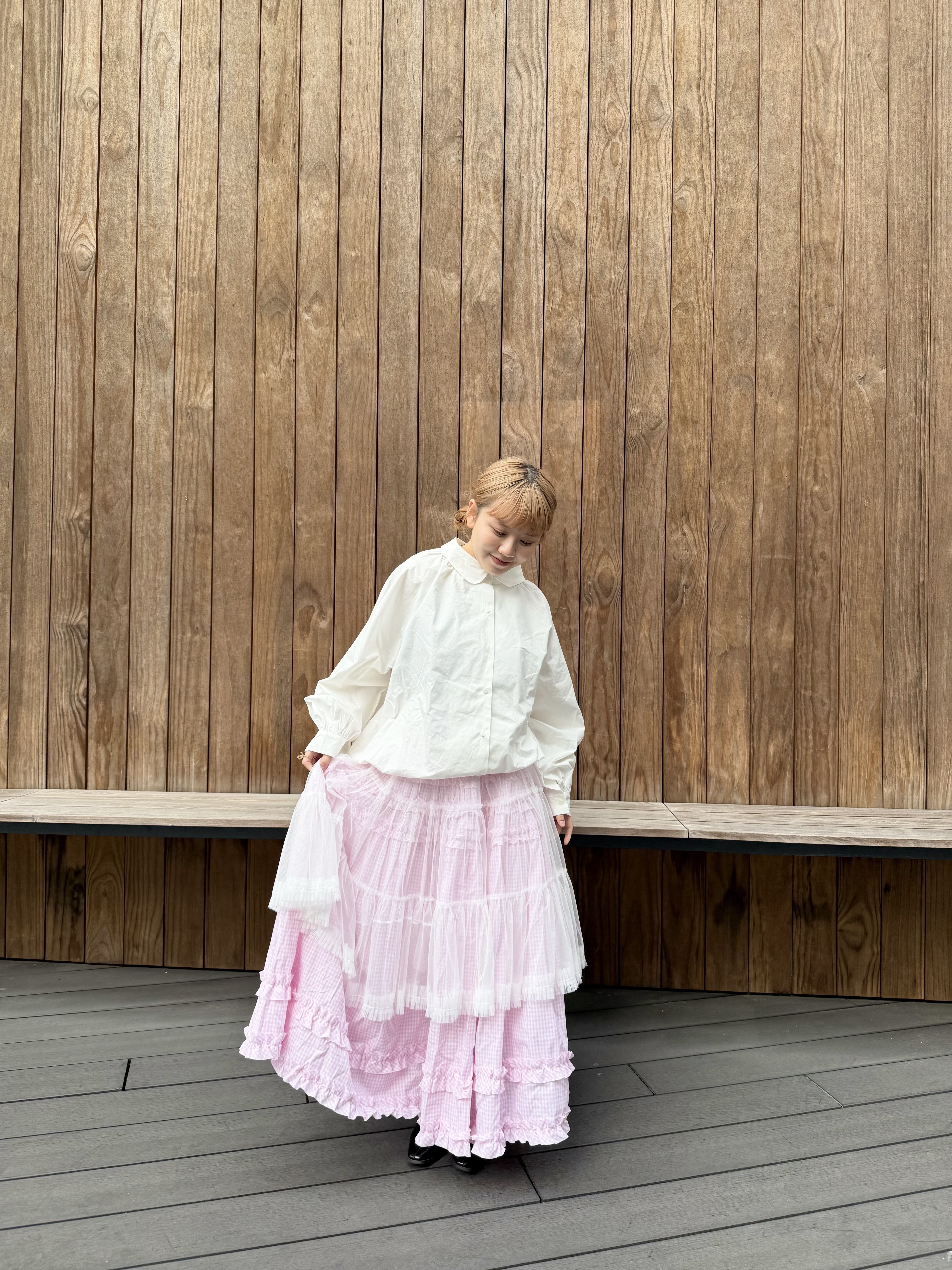 [4色入] Ruffle check skirt( pink check )