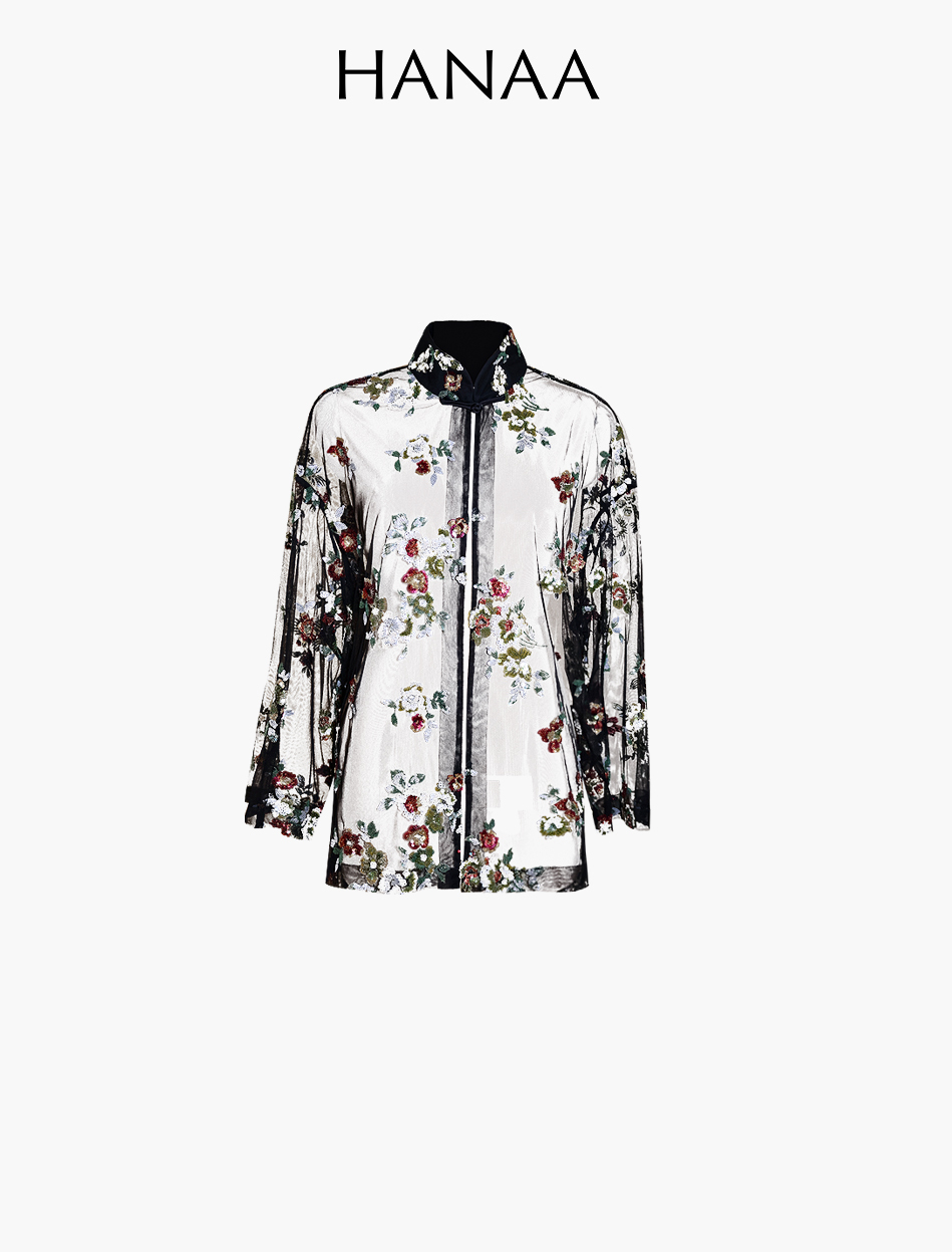 HANAA 新年季新中式半透網紗重工繁花珠片刺繡罩衫