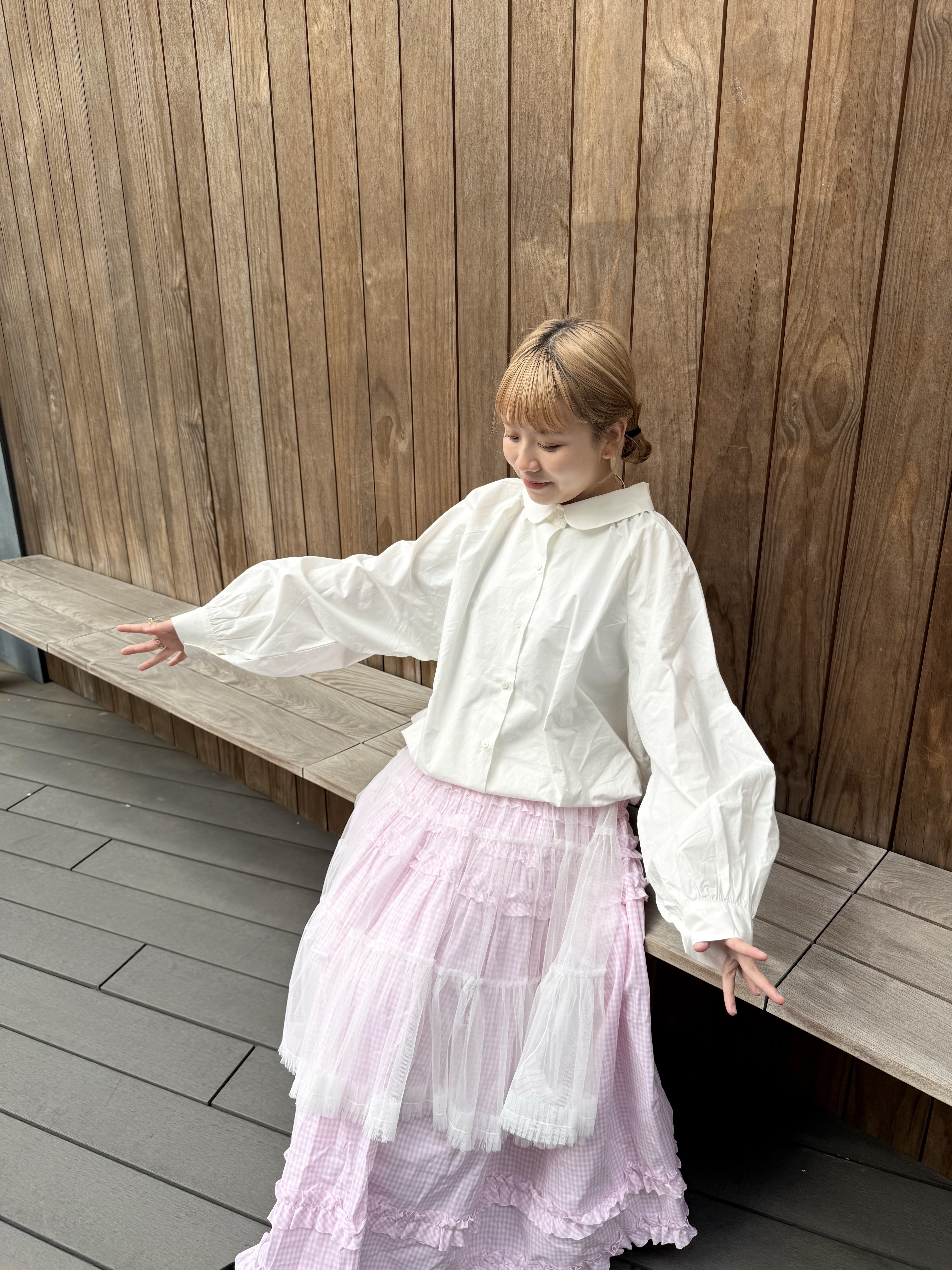 [兩色入] 娃娃領束感泡泡型恤衫(white)