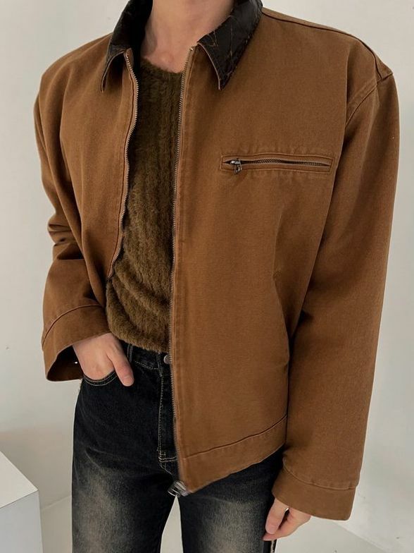 拼皮領拉鍊外套(薄夾棉) Crunky_youth-080JK