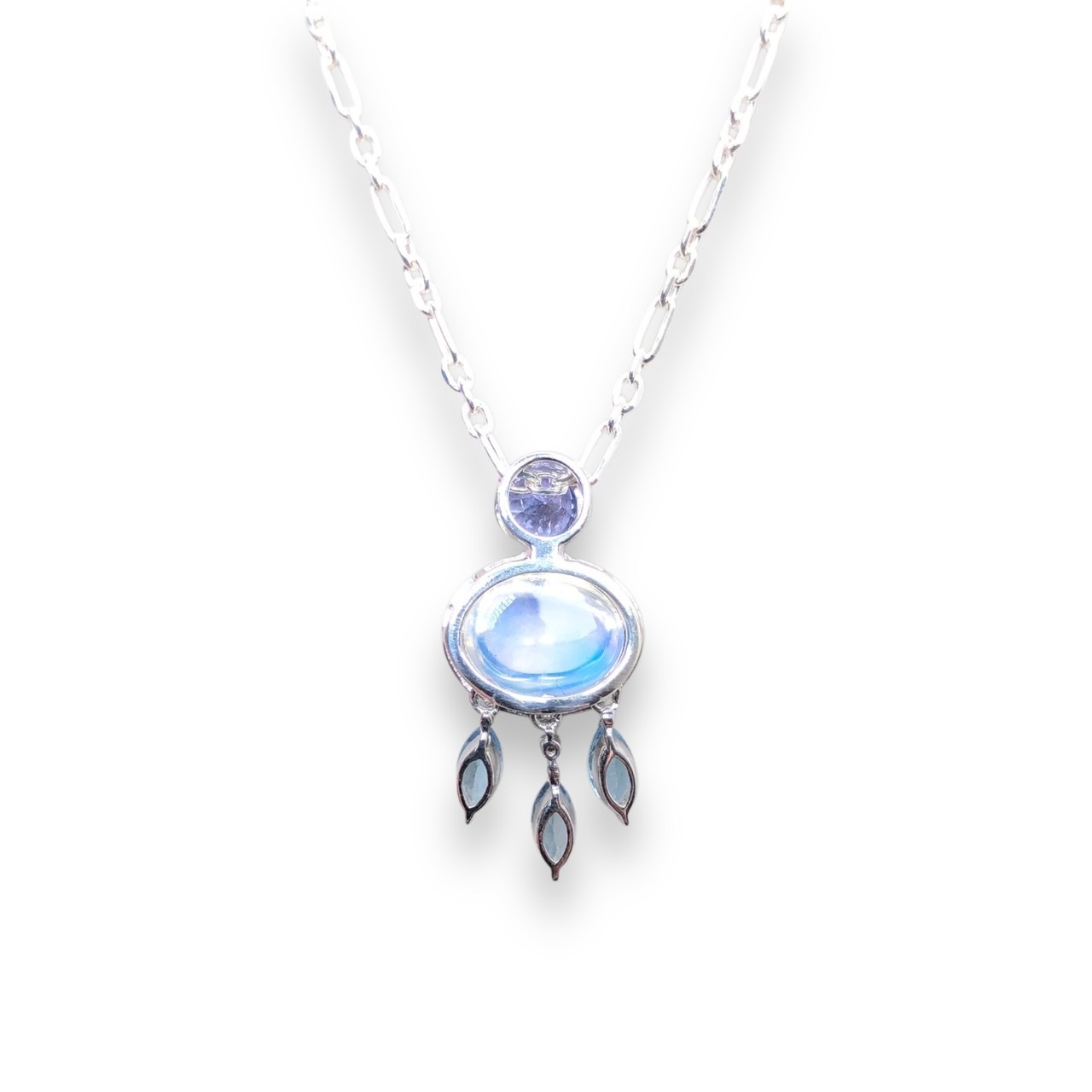 925銀 墜鍊【月光石1.94克拉 丹泉石0.33ct 海水藍寶石0.29ct 鑽石共0.7分 】925銀鍊 18吋