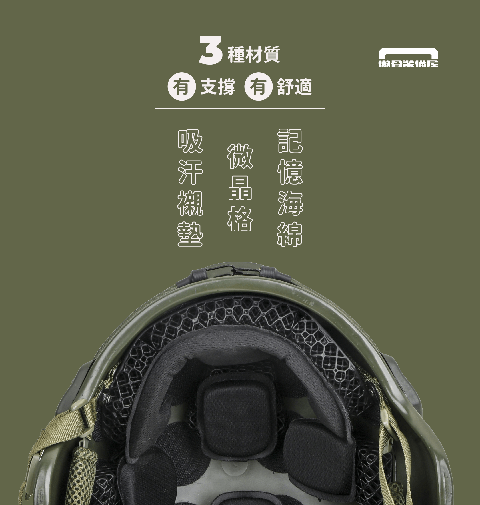 微晶格頭盔墊：為長時間佩戴提供更輕盈、更穩定的支撐，蜂巢式透氣結構確保乾爽舒適，高分子材質帶來可靠的耐用性與抗壓性能。保持任務最佳狀態。