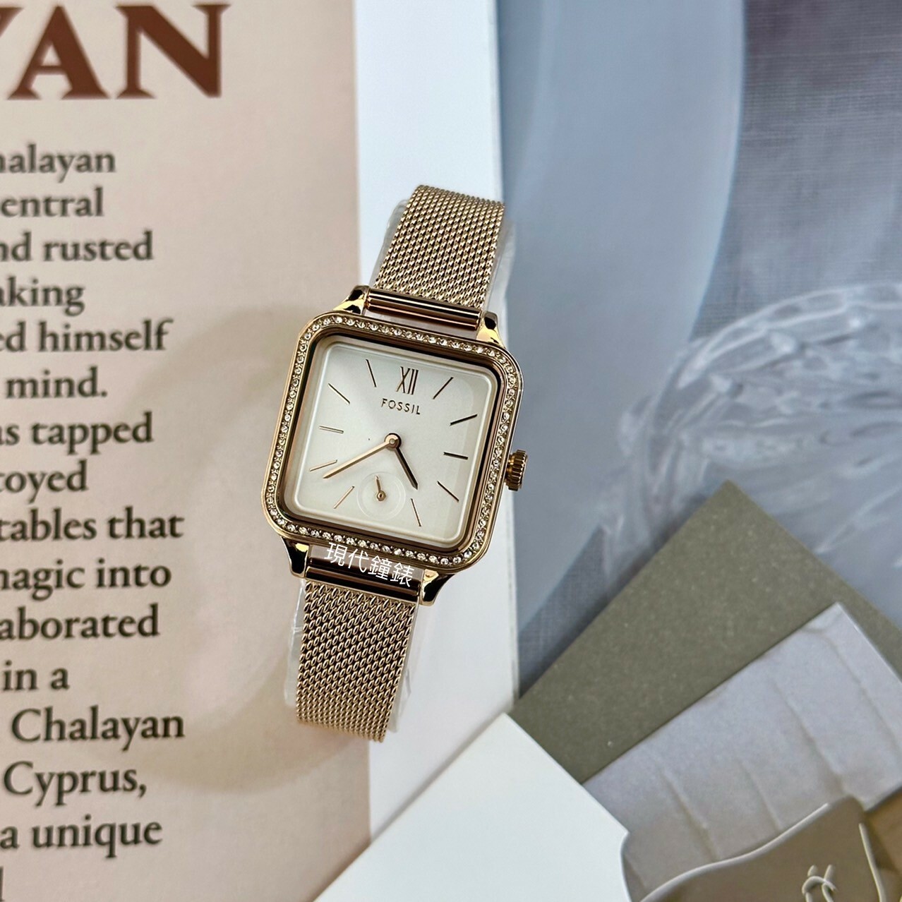 【FOSSIL】Colleen 晶鑽玫瑰金米蘭帶方形腕錶BQ3971 28mm現代鐘錶