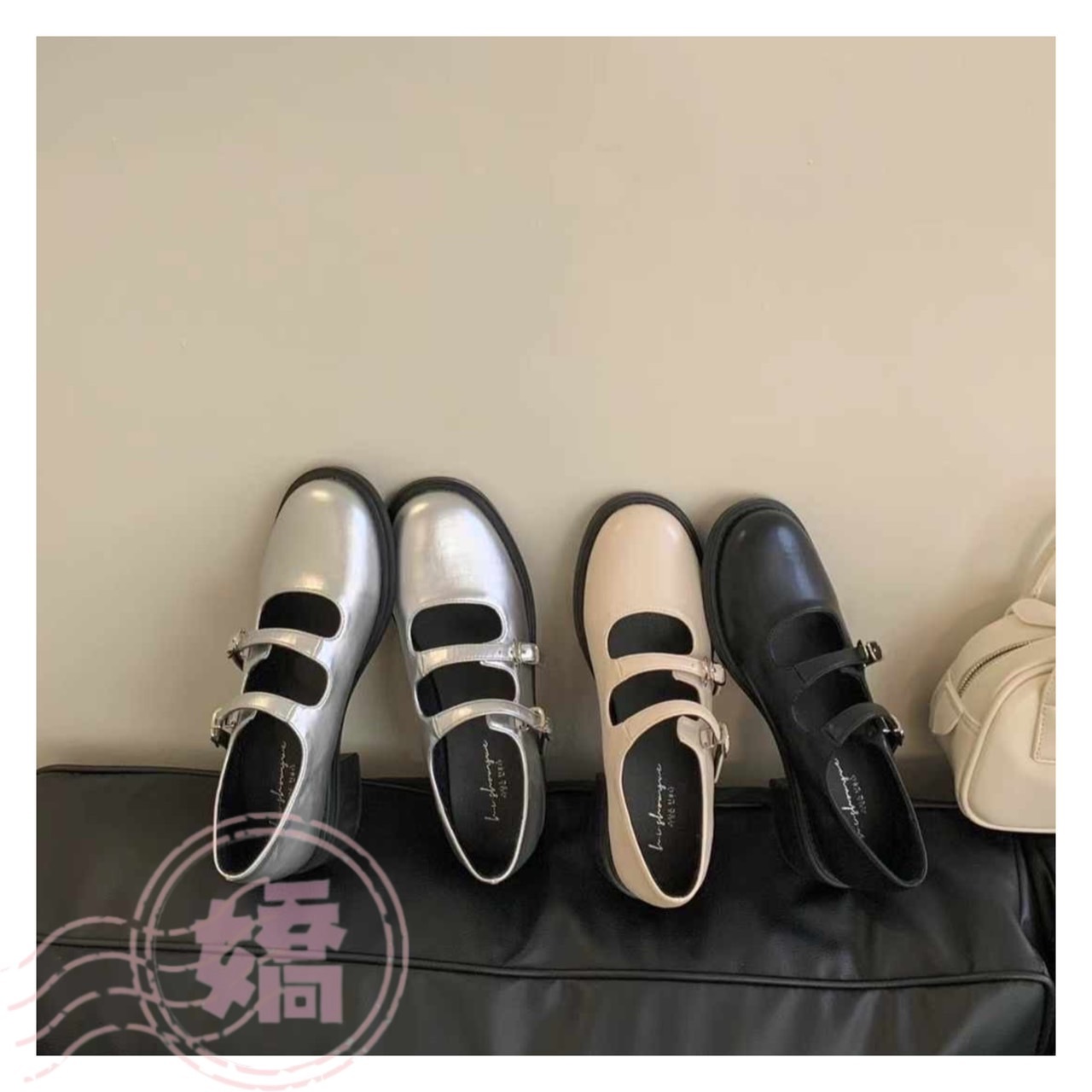 T27003雙釦復古粗跟瑪麗珍鞋(白'黑'銀)(225'230'235'240'245'250)