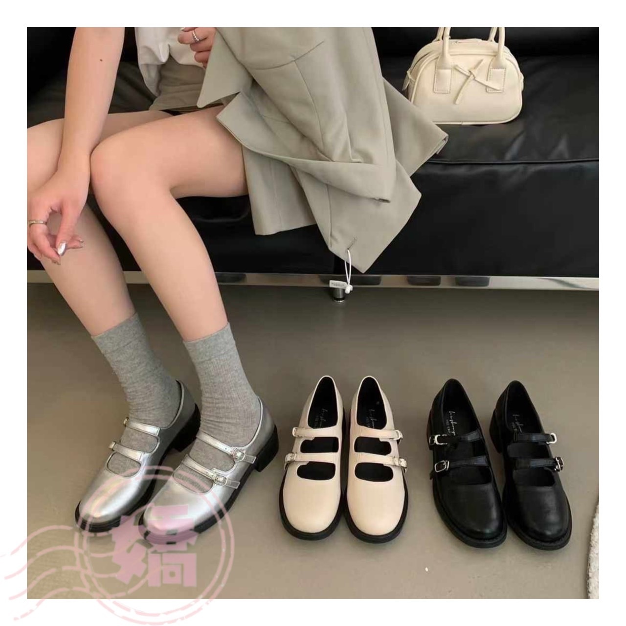 T27003雙釦復古粗跟瑪麗珍鞋(白'黑'銀)(225'230'235'240'245'250)
