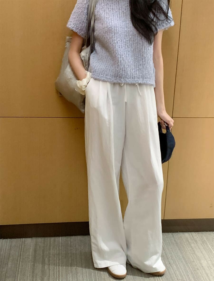 韓國Cherrykoko授權 休閒四色鬆緊腰綁帶寬擺垂墜長褲