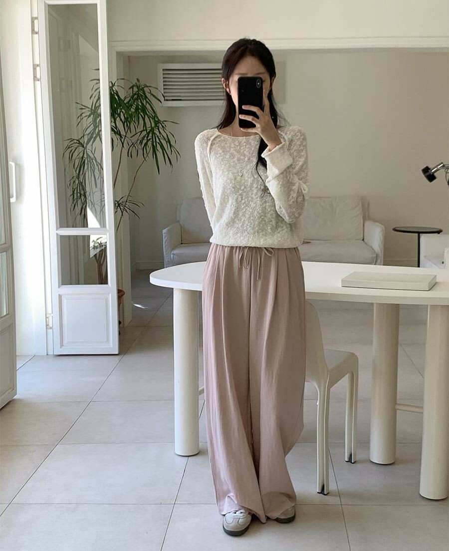 韓國Cherrykoko授權 休閒四色鬆緊腰綁帶寬擺垂墜長褲