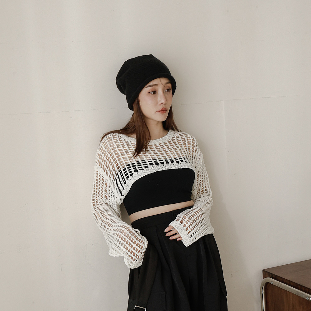 Hollow-out knitted cropped blouse top, available in two colors【01013429】in stock+pre-order
