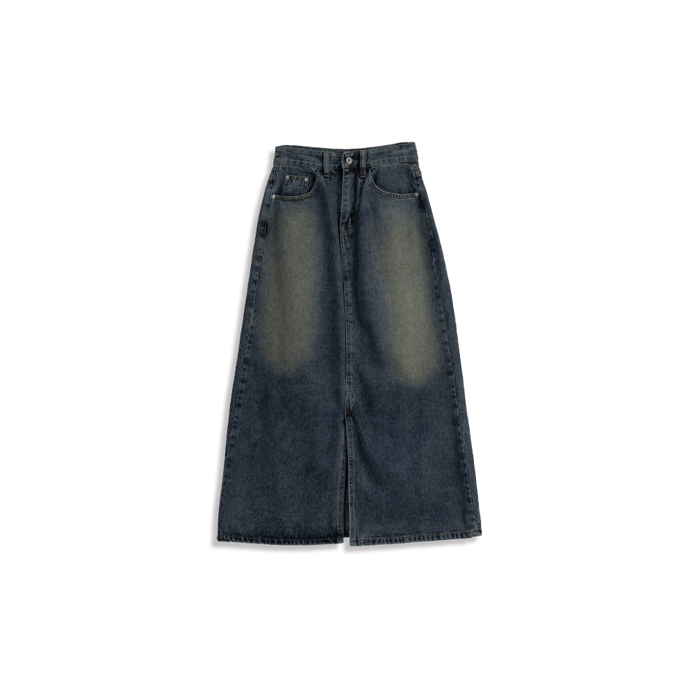 Distressed denim long skirt with center front slit S/M/L【03021474】in stock+pre-order