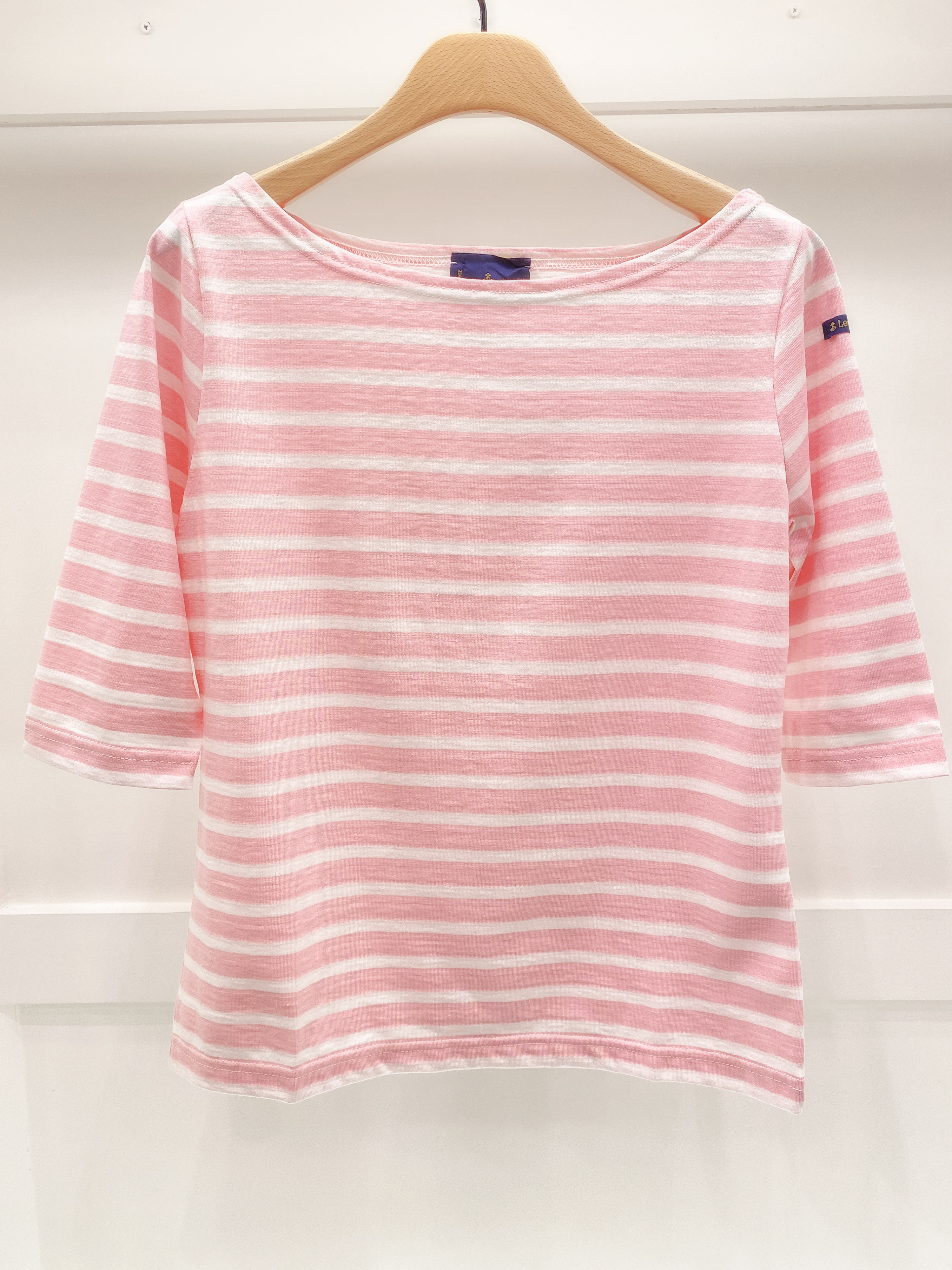 法國橫條限定粉五分袖上衣