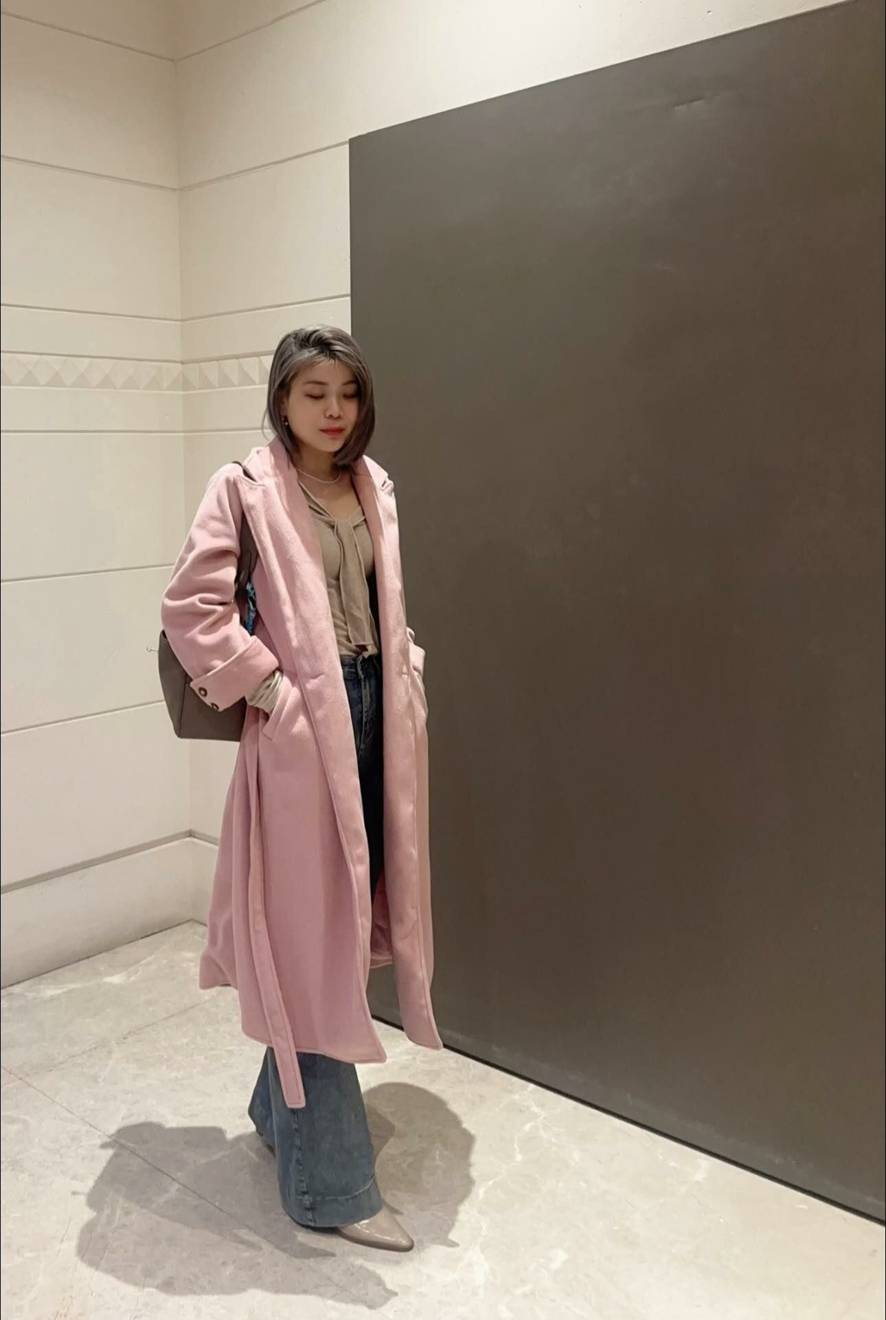 反褶袖 短絨毛大衣(粉/灰)