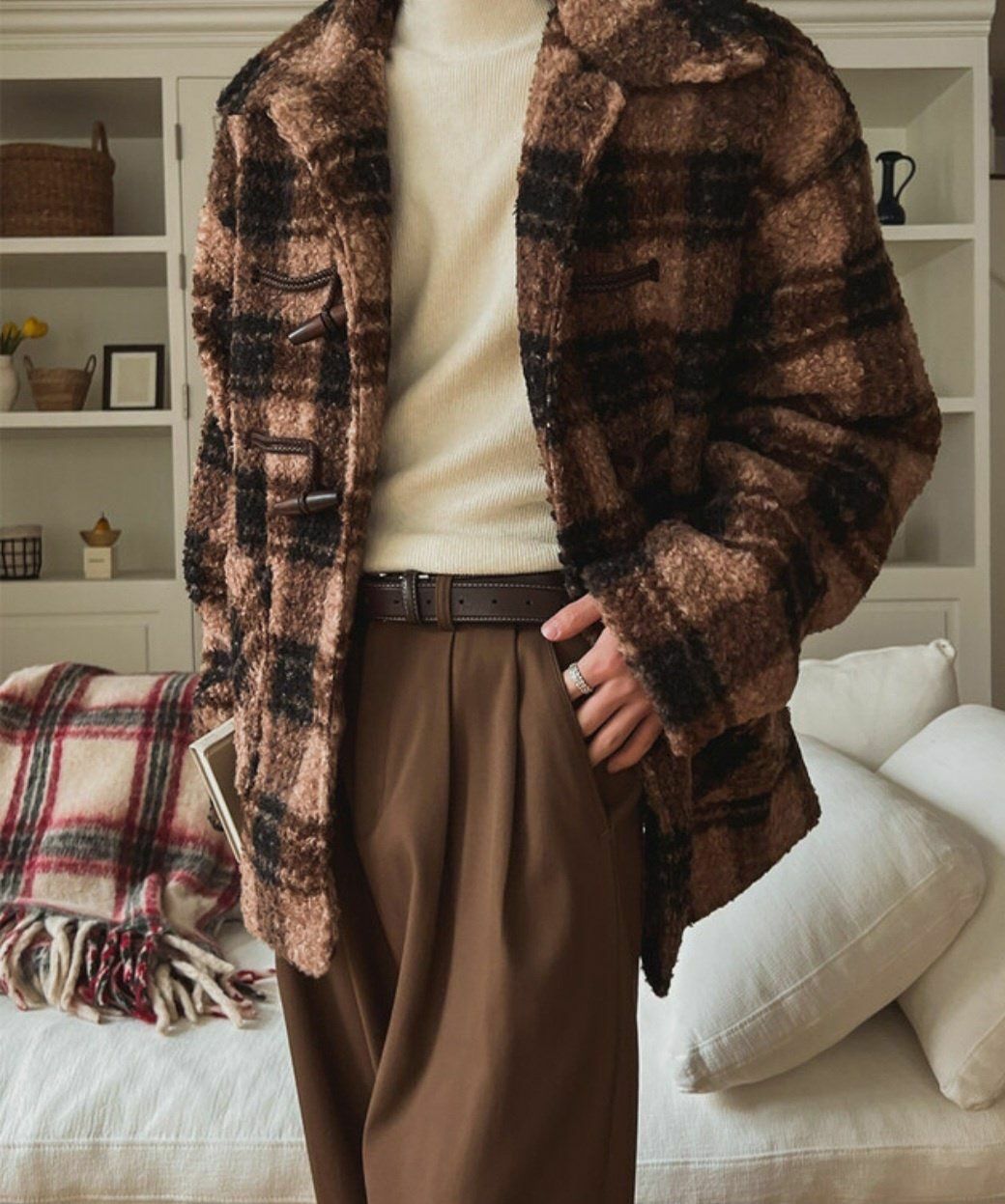 格紋牛角鈕開胸外套 MALENKII-124JK