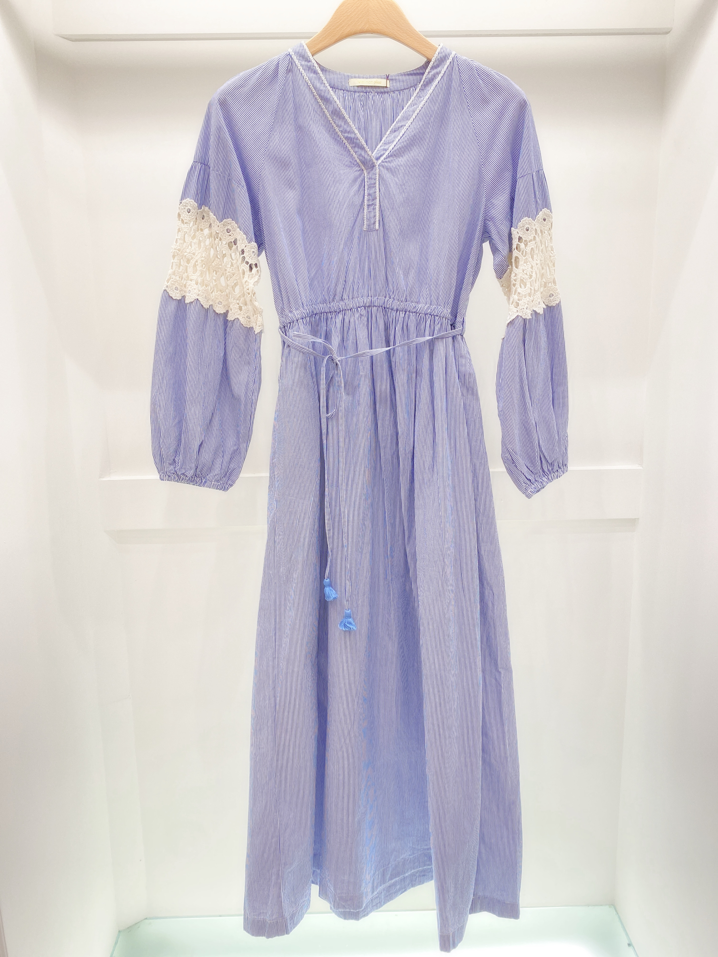 袖lace直條V領洋裝