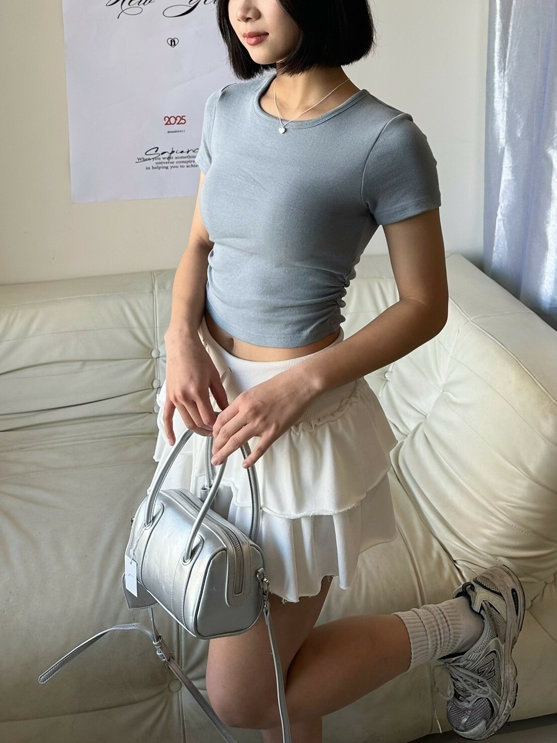 自帶可拆胸墊圓弧側抓圓領短t