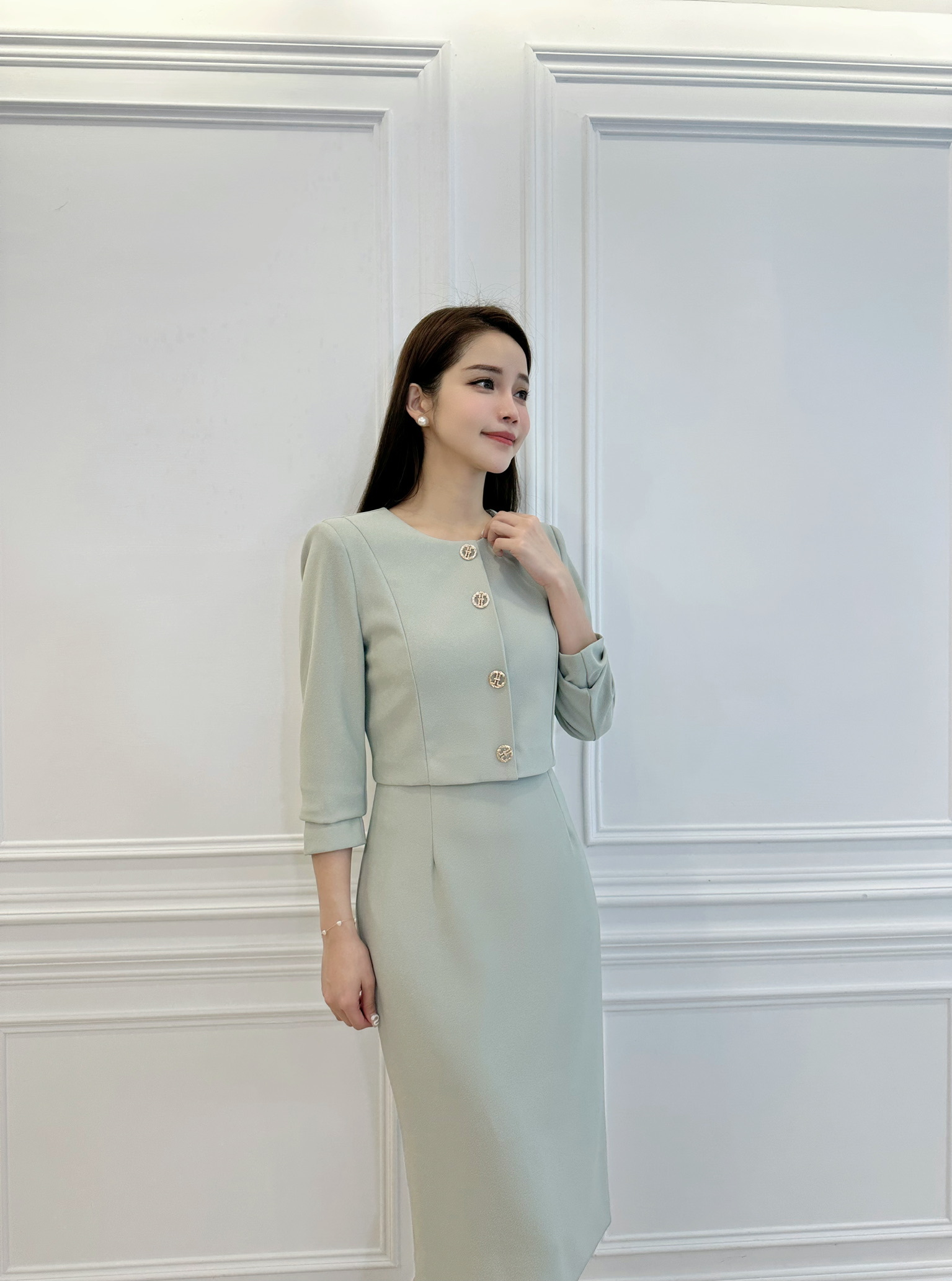 雙層金釦合身洋裝