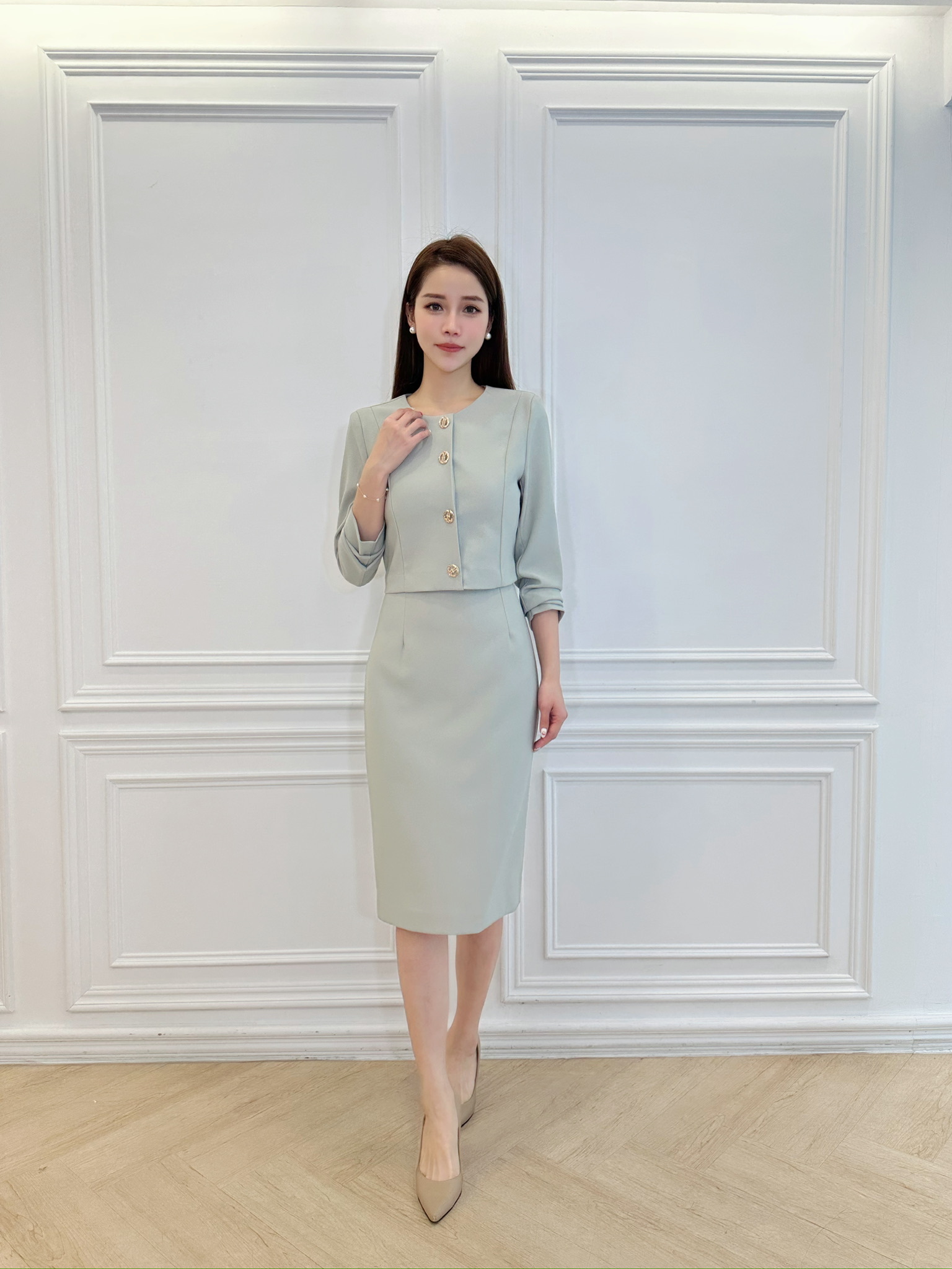 雙層金釦合身洋裝