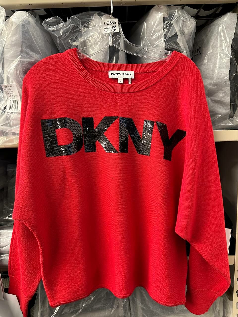 [U] DKNY WOMEN'S LONG SLEEVE SEQUIN LOGO CREWNECK SWEATER,RED LT/BLACK, DJ4R0480-I3A [FINAL SALE] (UD665)