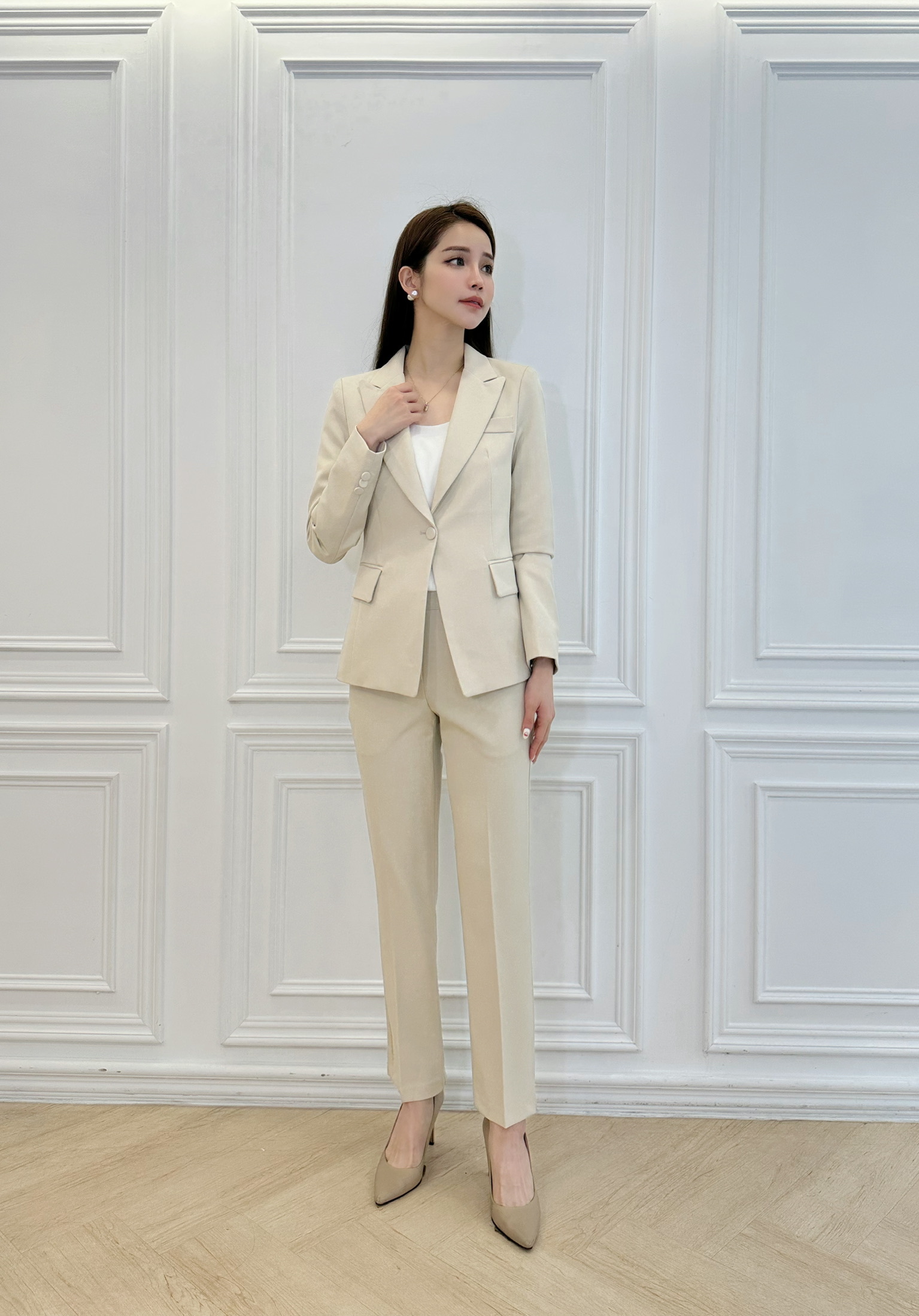(職場必備)經典單釦西裝套裝 - 米