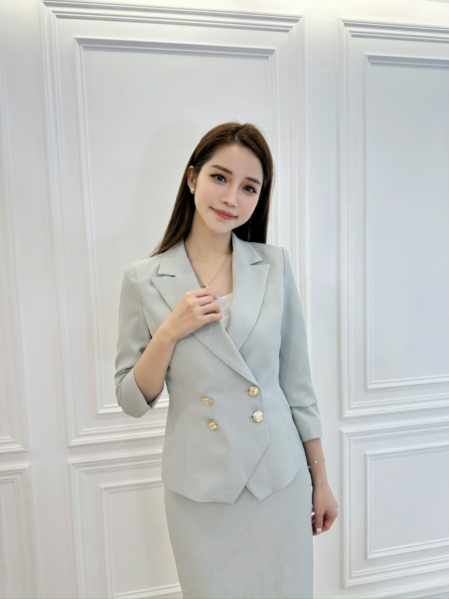 (職場必備)雙排金釦劍擺西裝套裝 - 藍