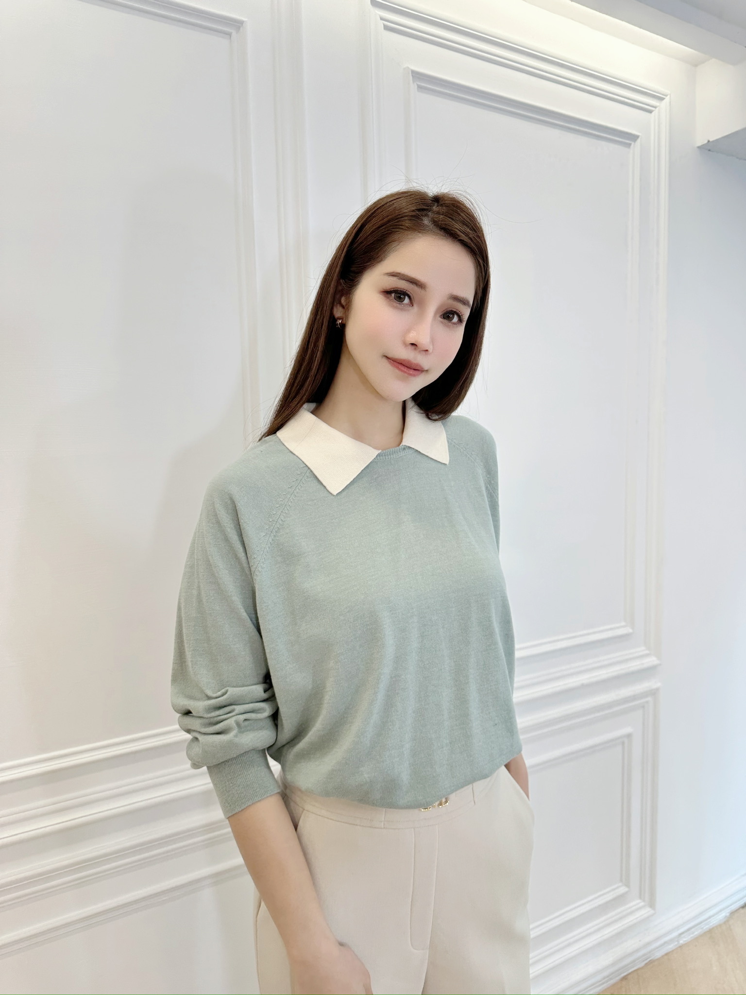 可拆式撞色領針織上衣