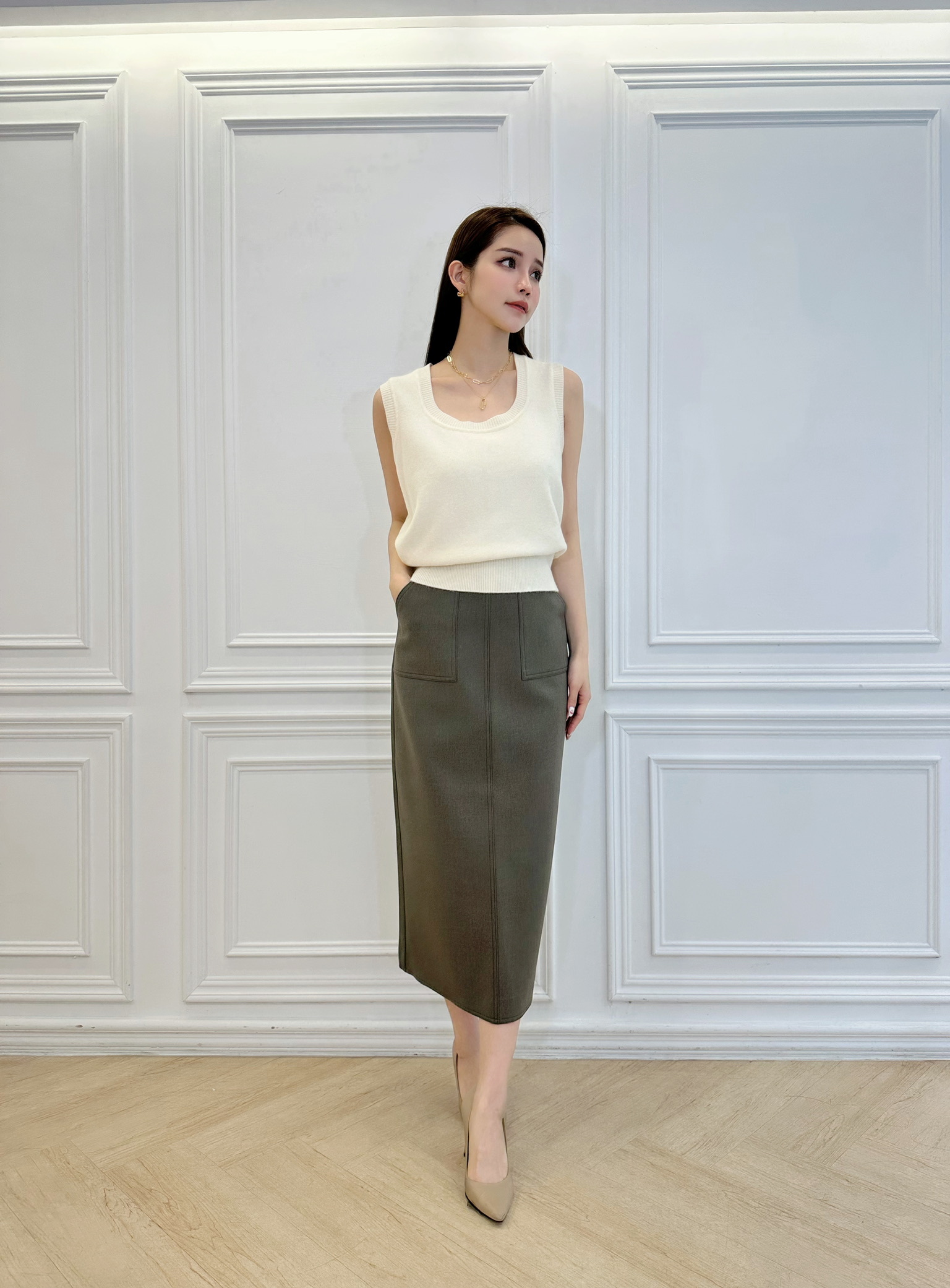 氣質優雅雙口袋中長裙