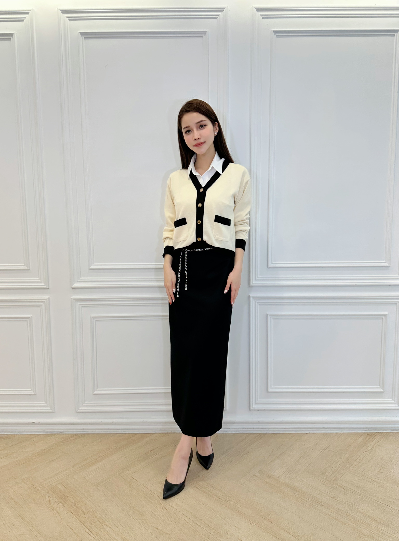 (小香風) 滾邊撞色針織開襟衫