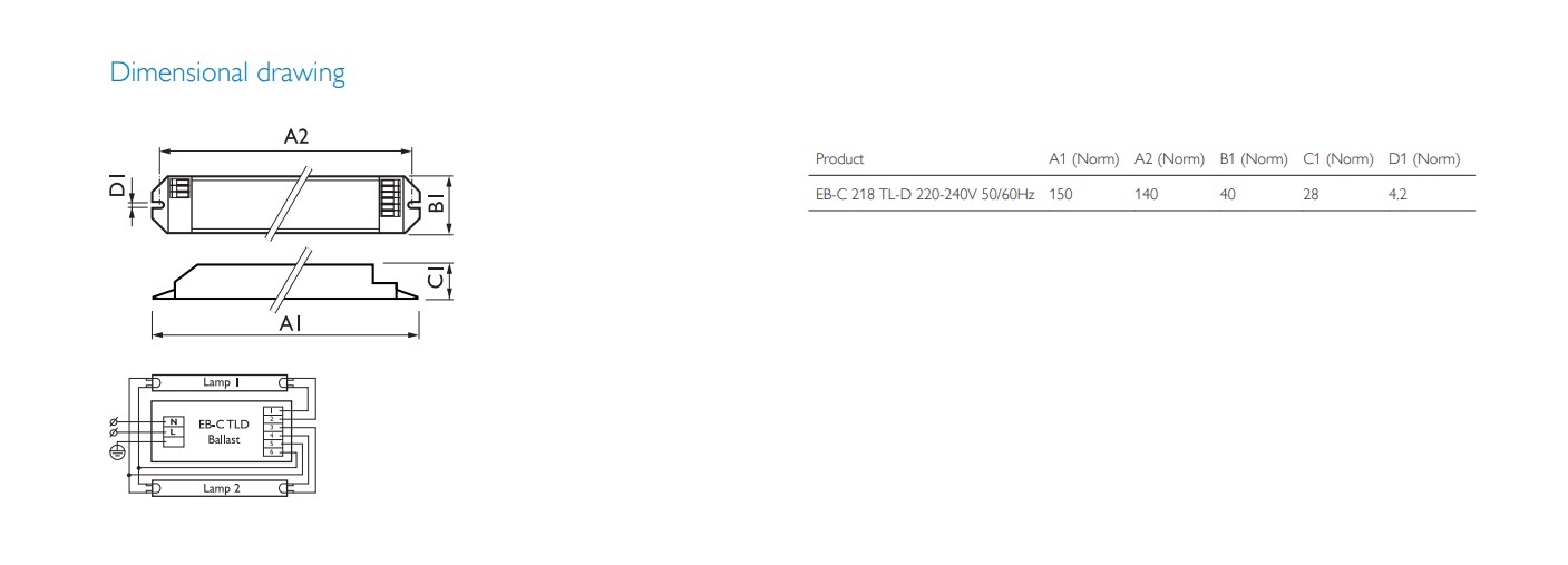 飛利浦 EBC218 2X18W T8 不可調光電子鎮流器