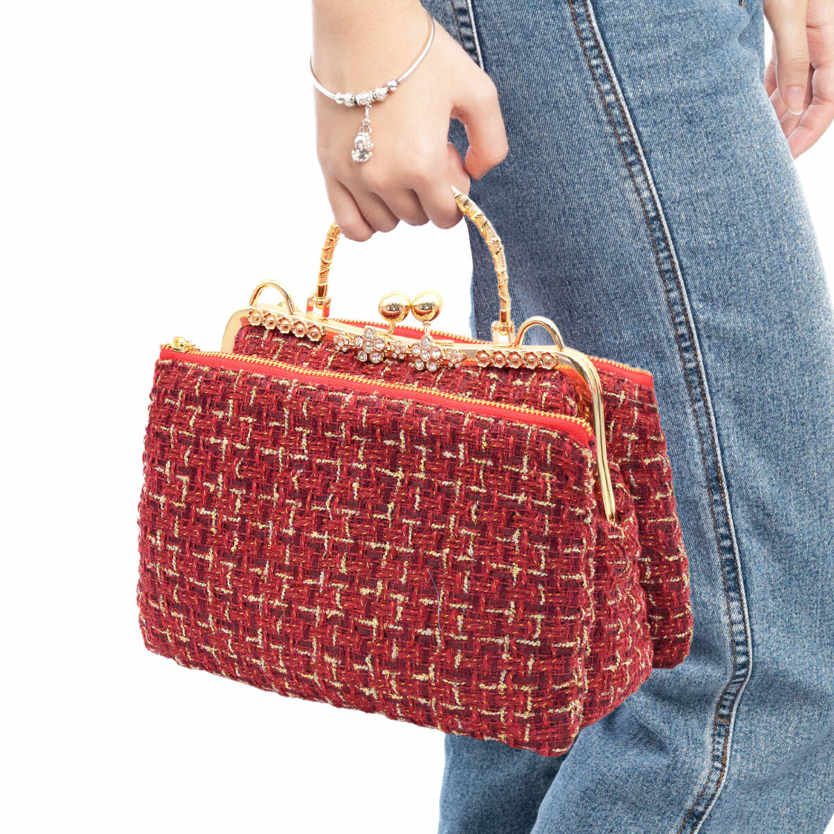 23公分梅花鑲鑽手提口金(鎖螺絲款)【贈5層雙拉鍊手提包紙型】