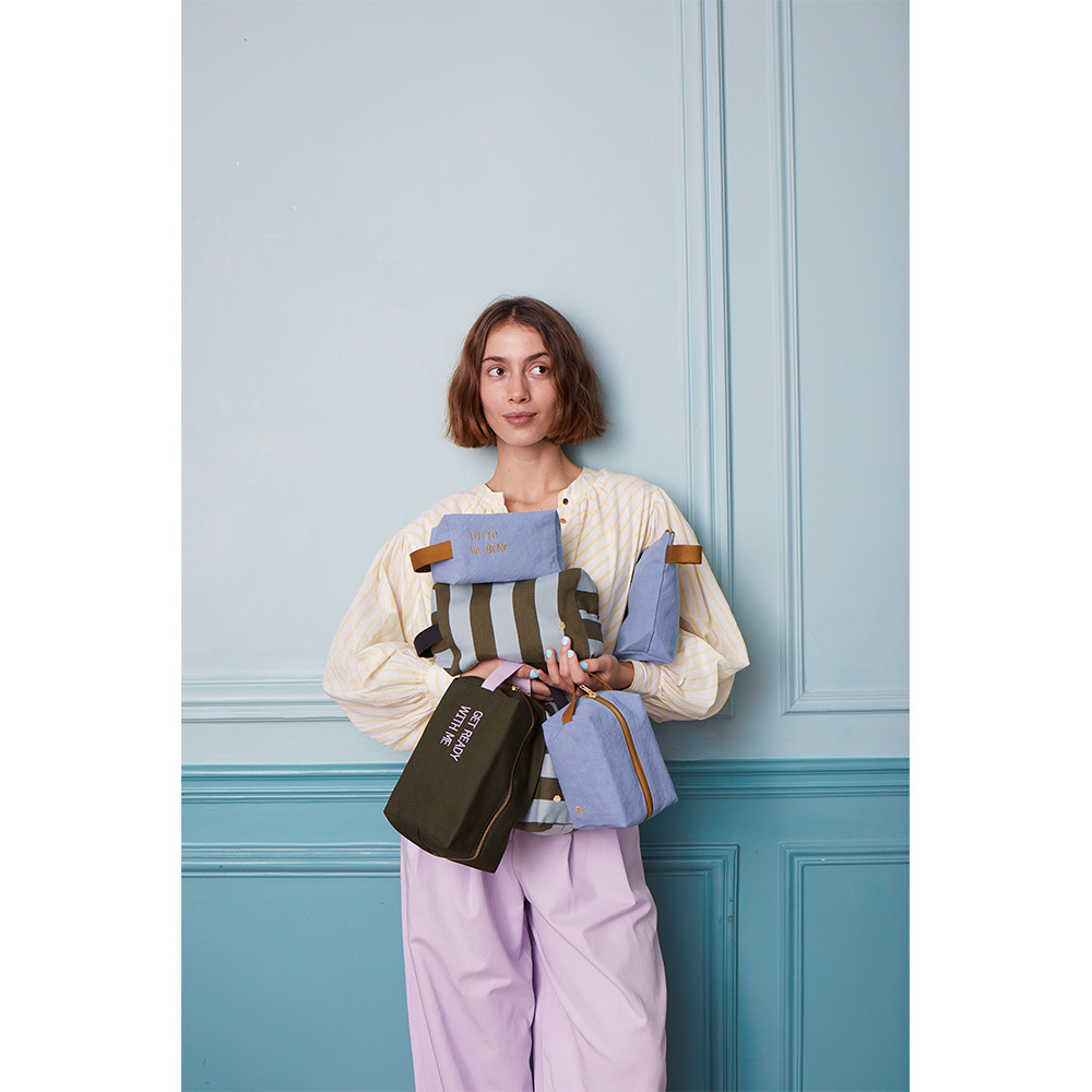 (預購4/30)法國La cerise sur le gâteau 有機棉防水手提立體收納包-灰藍色(小)