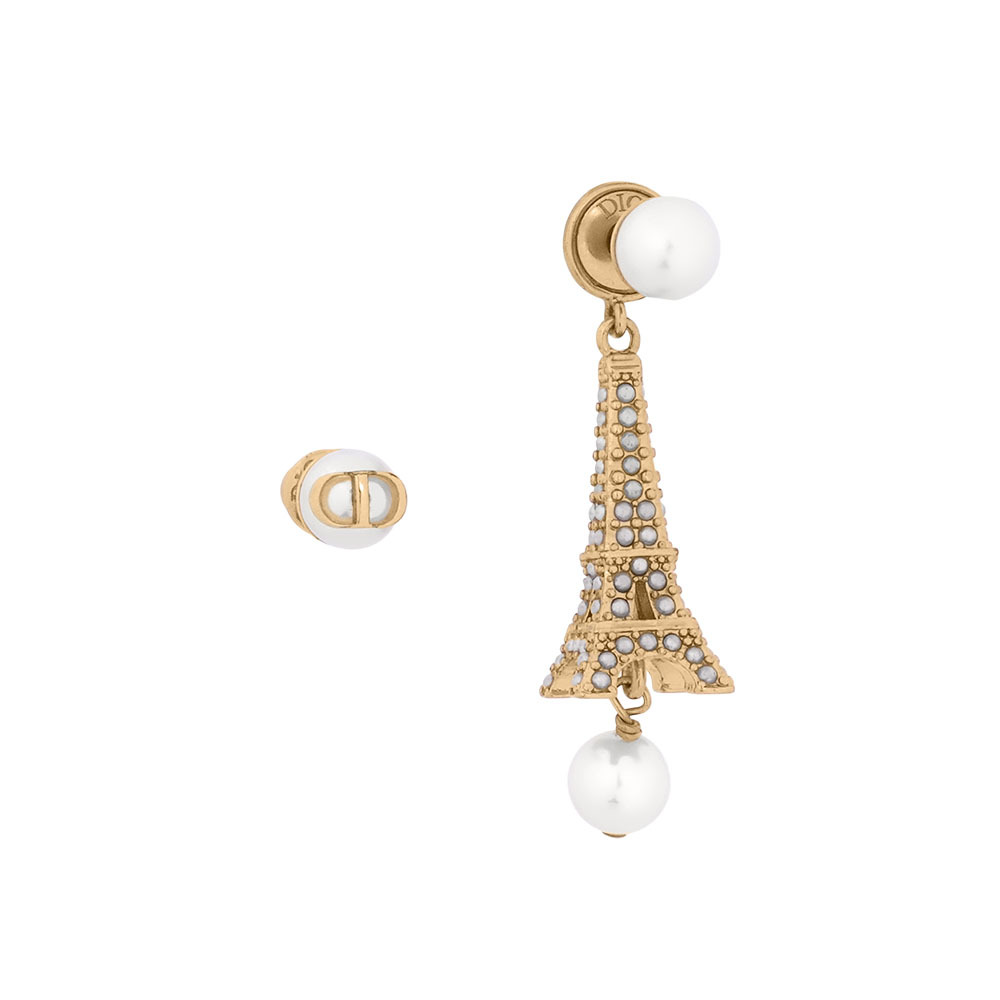 【CHRISTIAN DIOR】Tribales 鐵塔及珍珠不對稱針式耳環(金色/白色)E2833WOMRS_D301