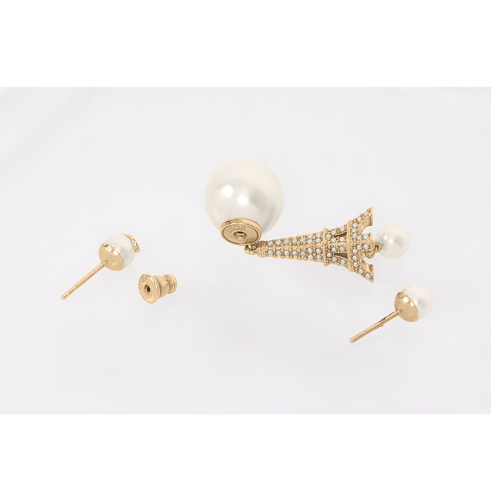 【CHRISTIAN DIOR】Tribales 鐵塔及珍珠不對稱針式耳環(金色/白色)E2833WOMRS_D301