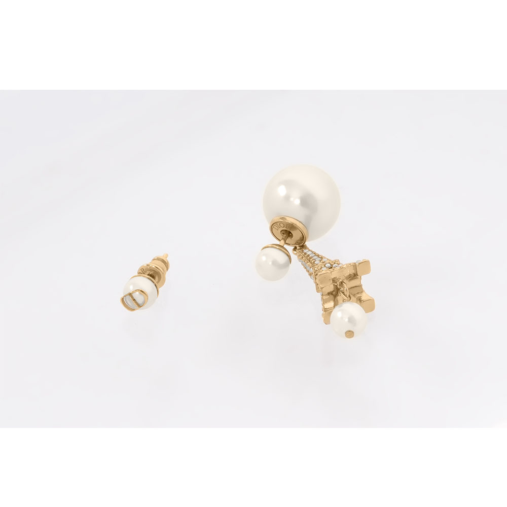 【CHRISTIAN DIOR】Tribales 鐵塔及珍珠不對稱針式耳環(金色/白色)E2833WOMRS_D301