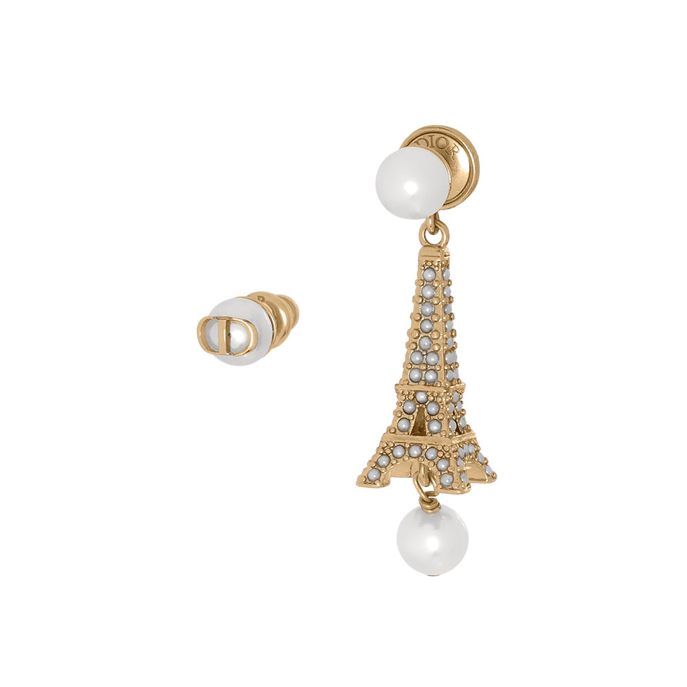 【CHRISTIAN DIOR】Tribales 鐵塔及珍珠不對稱針式耳環(金色/白色)E2833WOMRS_D301