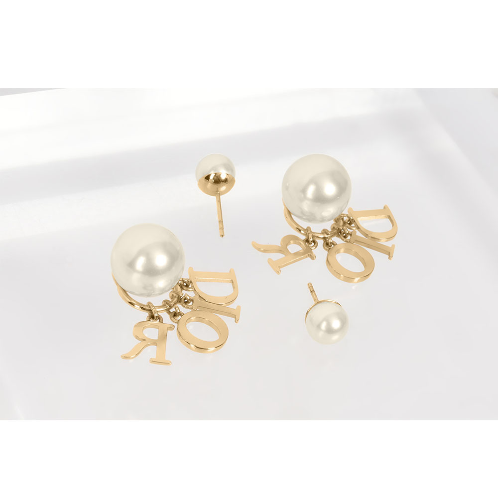 【CHRISTIAN DIOR】Tribales 垂墜水晶標誌及珍珠針式耳環(金色/白色)E1411TRICY_D301