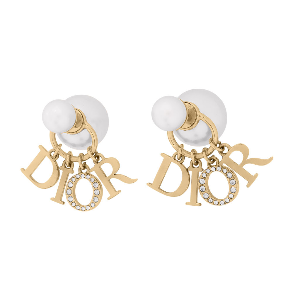【CHRISTIAN DIOR】Tribales 垂墜水晶標誌及珍珠針式耳環(金色/白色)E1411TRICY_D301