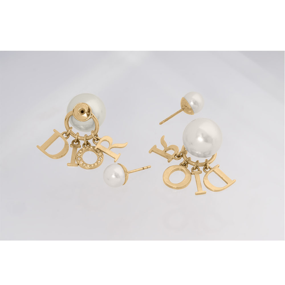 【CHRISTIAN DIOR】Tribales 垂墜水晶標誌及珍珠針式耳環(金色/白色)E1411TRICY_D301