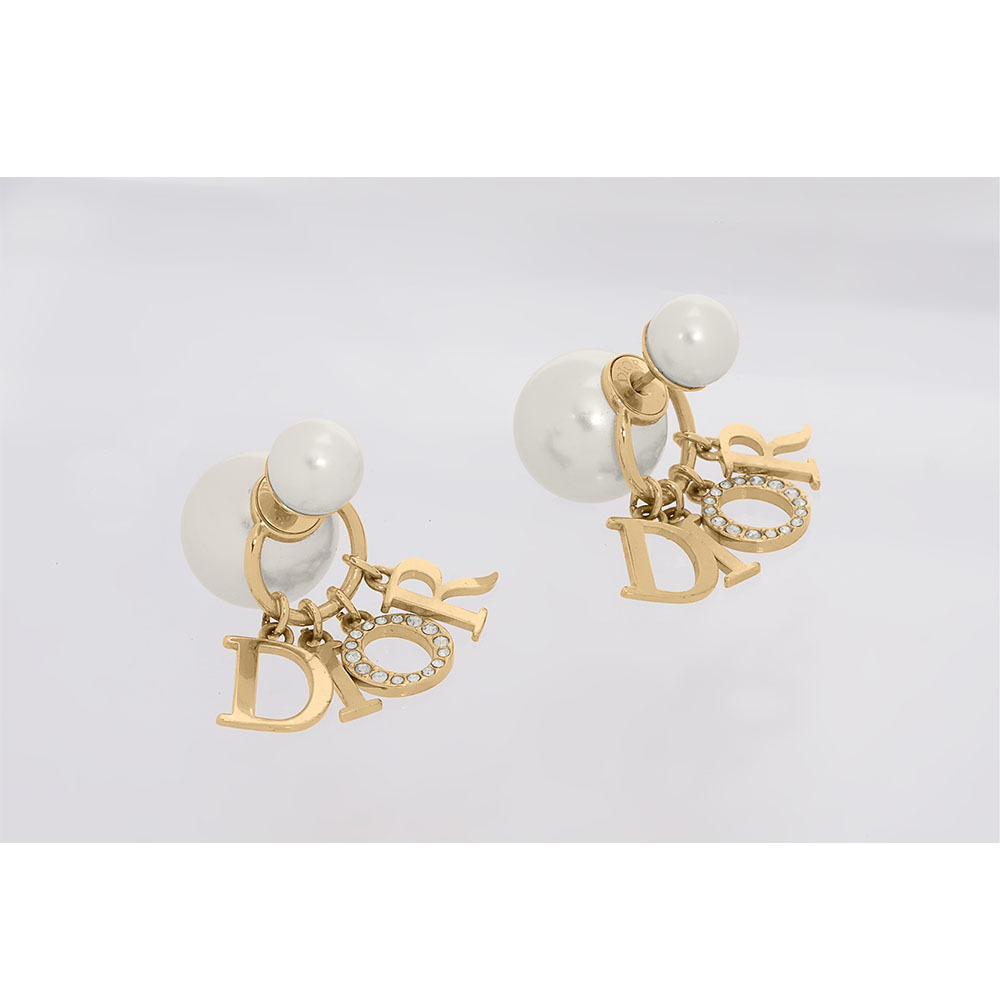 【CHRISTIAN DIOR】Tribales 垂墜水晶標誌及珍珠針式耳環(金色/白色)E1411TRICY_D301