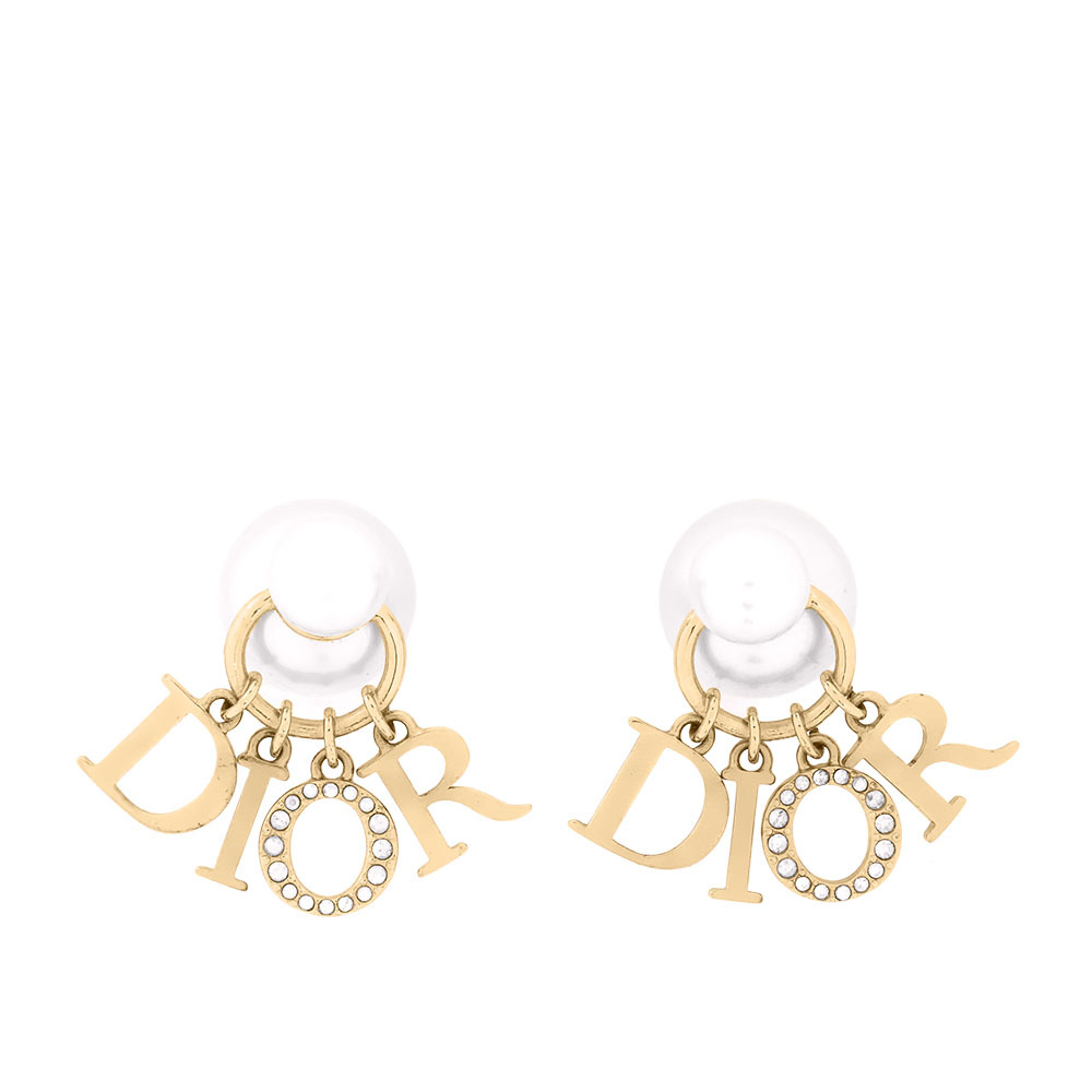 【CHRISTIAN DIOR】Tribales 垂墜水晶標誌及珍珠針式耳環(金色/白色)E1411TRICY_D301