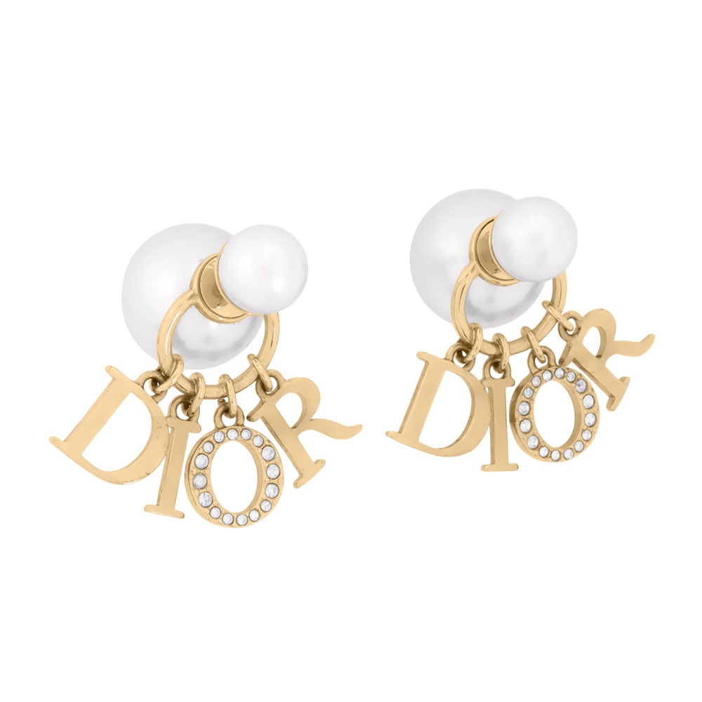 【CHRISTIAN DIOR】Tribales 垂墜水晶標誌及珍珠針式耳環(金色/白色)E1411TRICY_D301