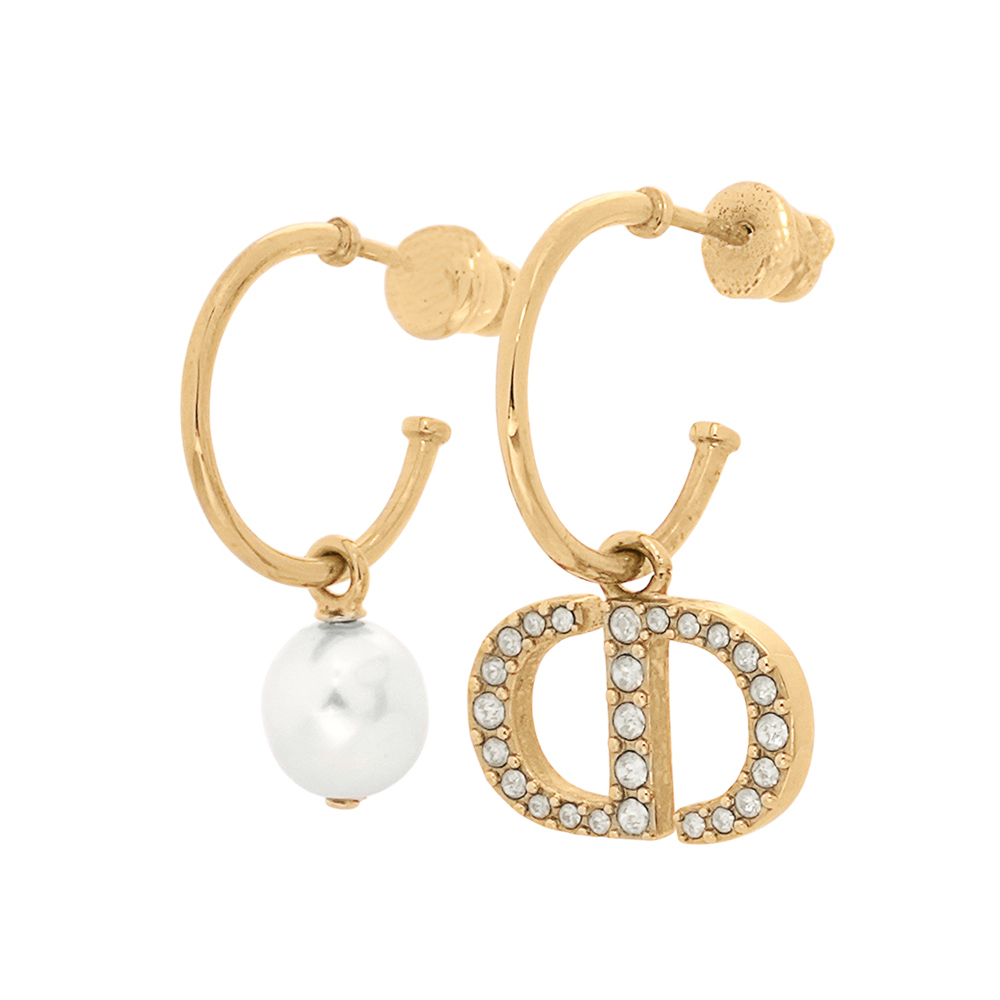 【CHRISTIAN DIOR】Petit CD 水晶標誌及珍珠不對稱針式耳環(金色/白色)E1548PTCCY_D301