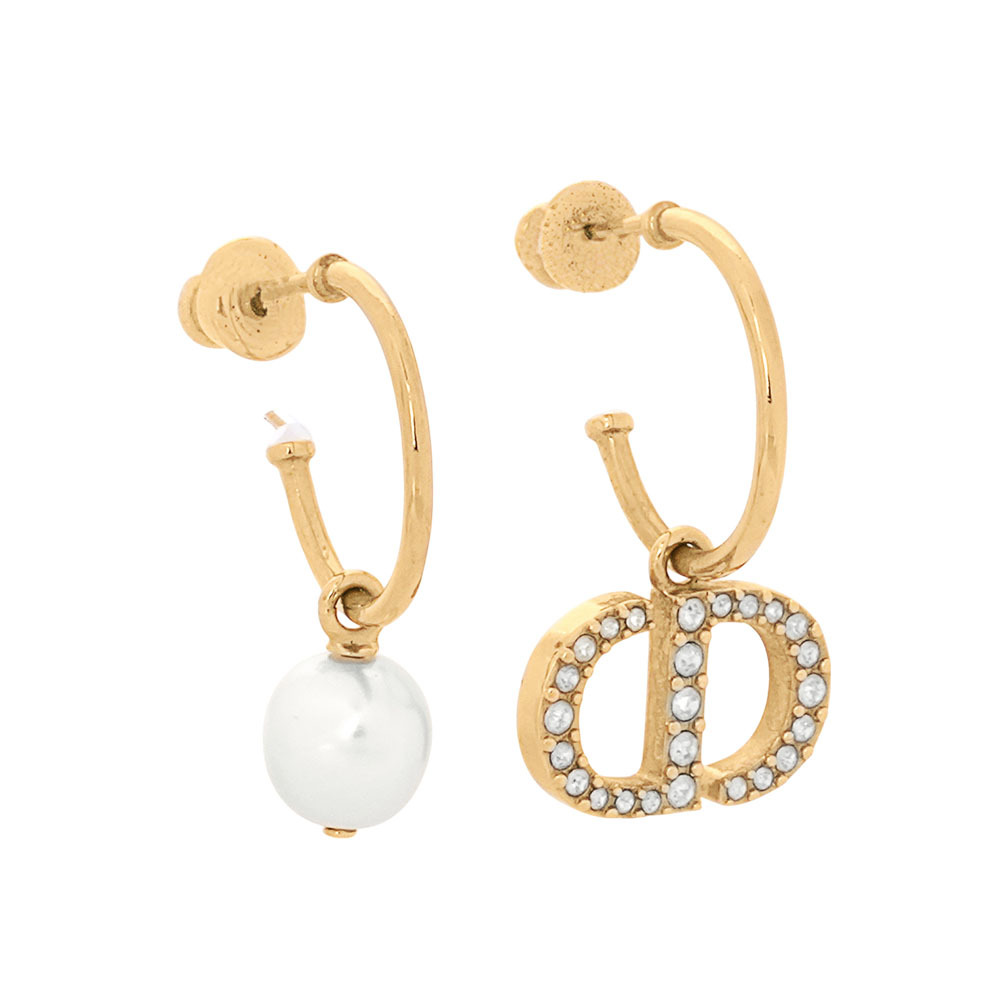 【CHRISTIAN DIOR】Petit CD 水晶標誌及珍珠不對稱針式耳環(金色/白色)E1548PTCCY_D301