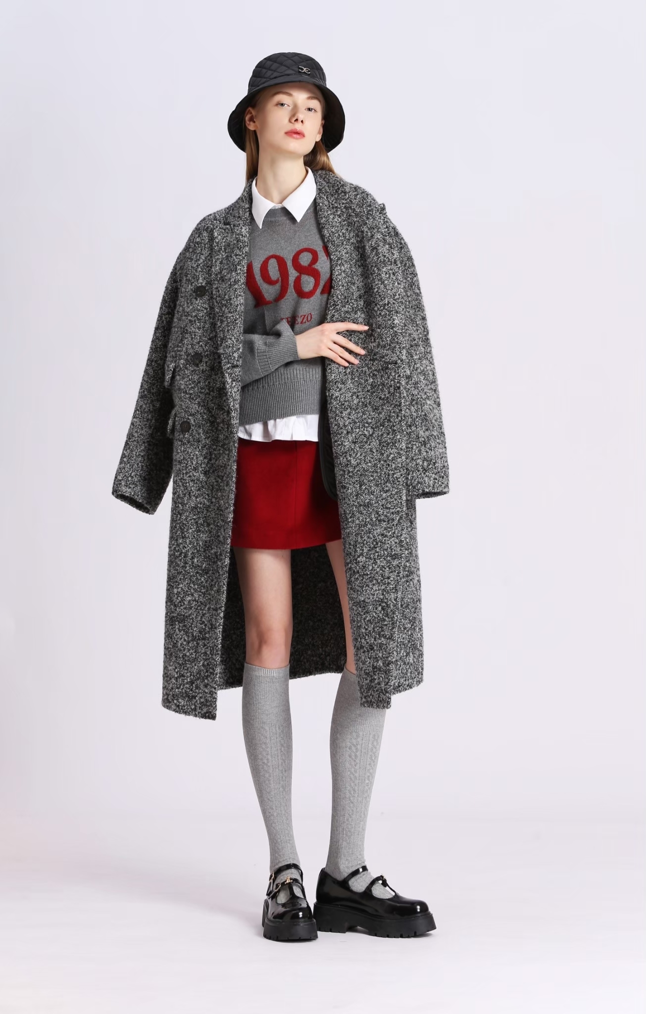 BD15020C1 冬日紅寶石毛呢短裙 (附腰帶)