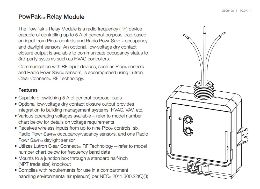 路創 RMJS-5R-DV-B VIVE COO 帶軟開關的 POWPAK 繼電器模組，5A 繼電器